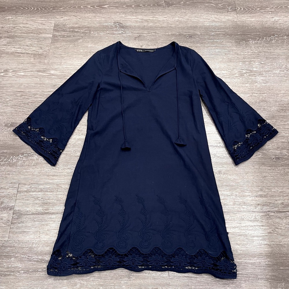Zara Basic Shift Tunic Dress Womens XS Blue‎ Lace 3/4 Sleeve Knee Minimal Casual